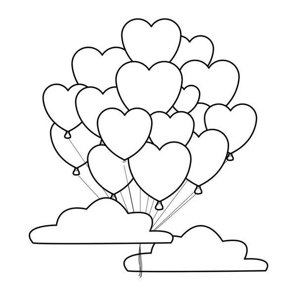 Hjärta ballonger i himlen i svart och vitt — Stock vektor