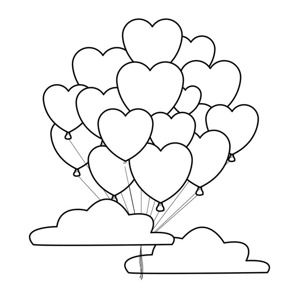 Globos cardíacos en el cielo en blanco y negro — Vector de stock