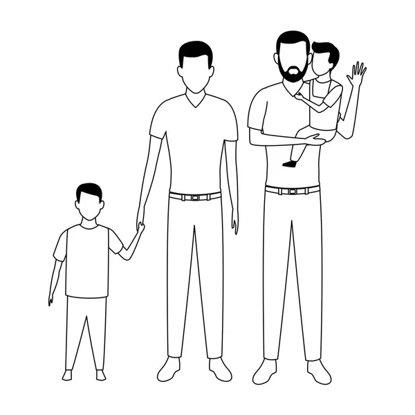 Homens com criança avatar personagem de desenho animado preto e branco — Vetor de Stock