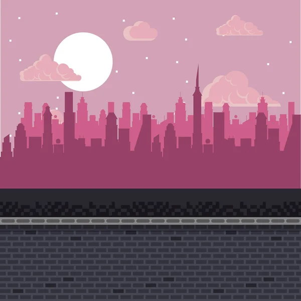 Videogame pixelado paisagem urbana — Vetor de Stock