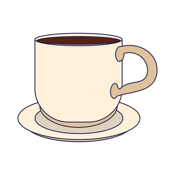 Taza de café en plato de dibujos animados líneas azules — Vector de stock
