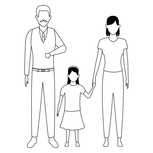 老人与女人和孩子黑色和白色 — 图库矢量图片