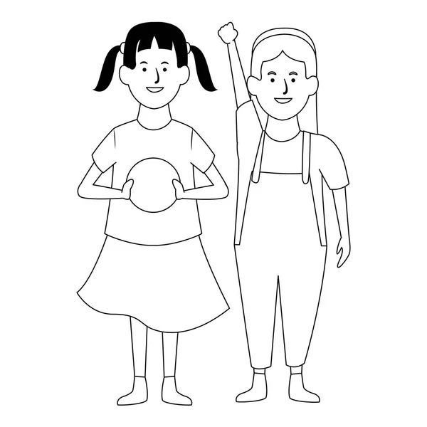 Dos niños sonriendo dibujos animados en blanco y negro — Vector de stock