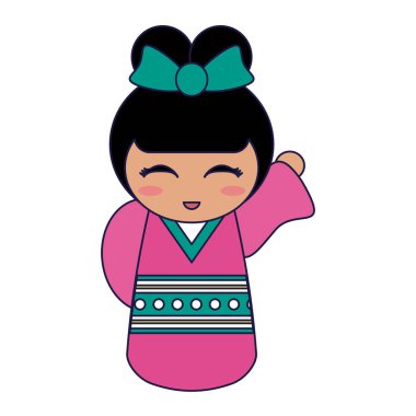 Sevimli Japon kız kimono mavi çizgili