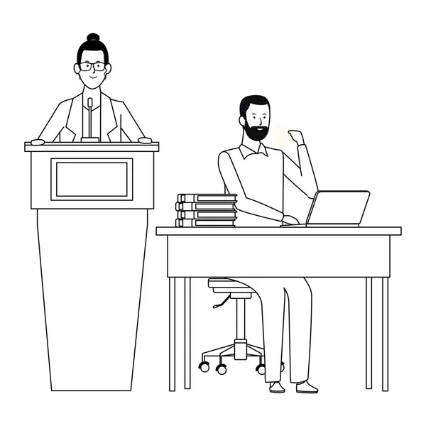 夫妇在一个讲台和办公桌黑色和白色 — 图库矢量图片