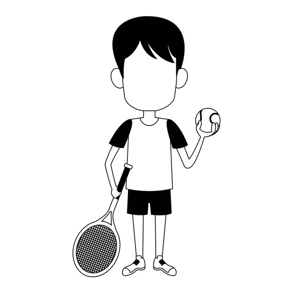 Niño con pelota de tenis y raqueta en blanco y negro — Vector de stock