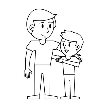 Siyah beyaz baba ve çocuk karikatür
