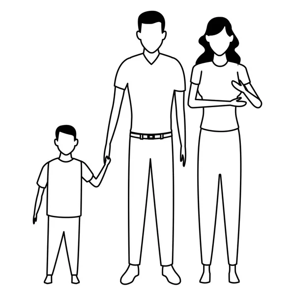 Familia avatar personaje de dibujos animados blanco y negro — Vector de stock