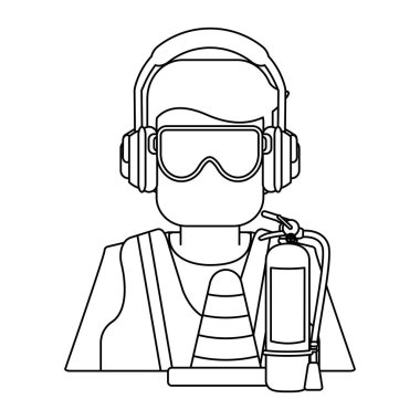 İşçi ile inşaat araçları siyah ve beyaz