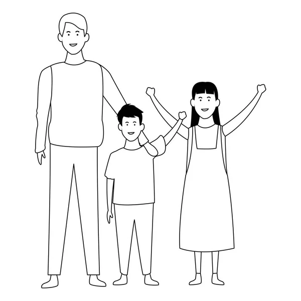 Familia con niños dibujos animados en blanco y negro — Vector de stock