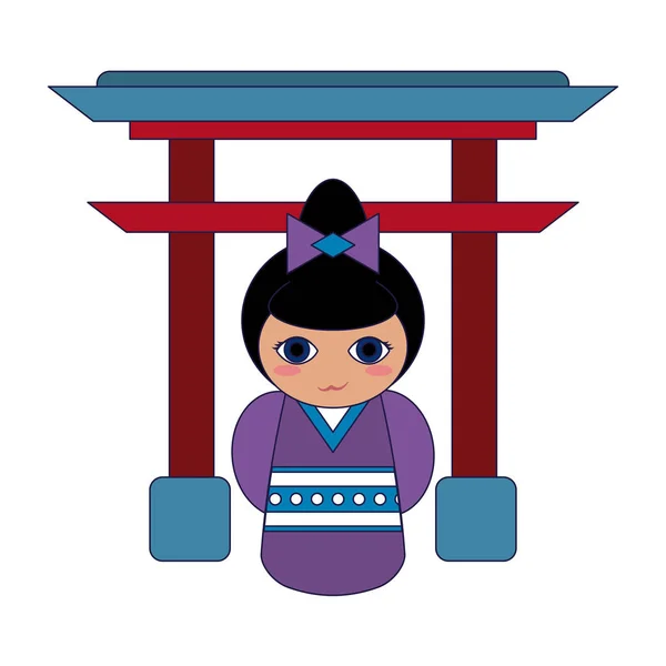 Chica japonesa en arco símbolo líneas azules — Vector de stock