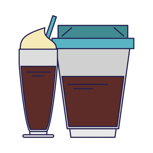 Kalter süßer Kaffee und heiße Plastikbecher blaue Linien — Stockvektor