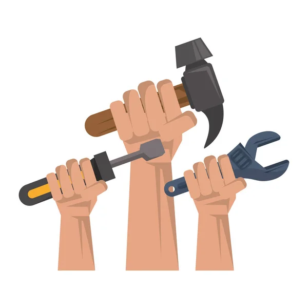 Mãos segurando várias ferramentas — Vetor de Stock