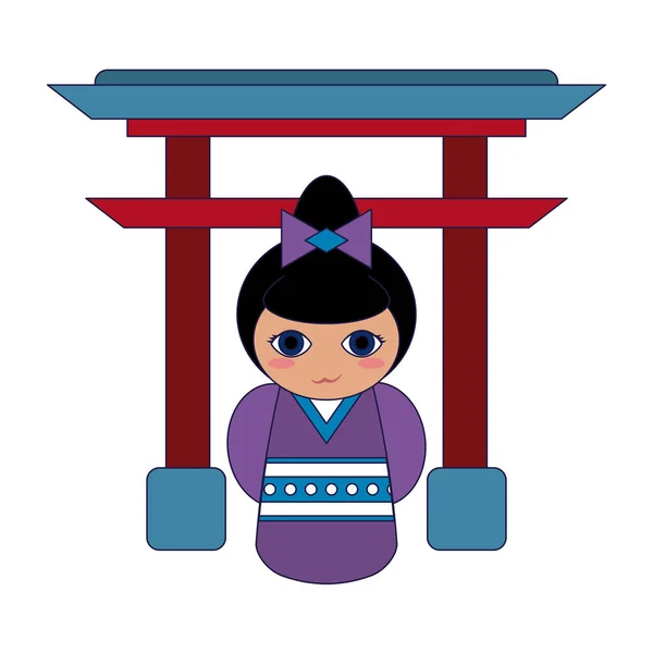 Japansk flicka på Arch symbol blå linjer — Stock vektor