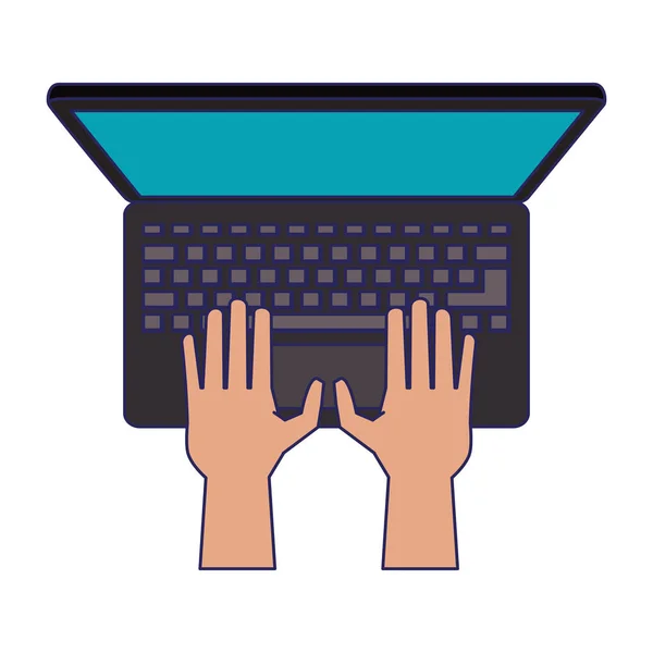 Mani utilizzando computer portatile cartoni animati linee blu — Vettoriale Stock