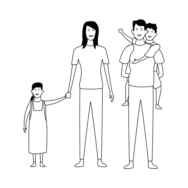 Famille avec enfants dessins animés en noir et blanc — Image vectorielle