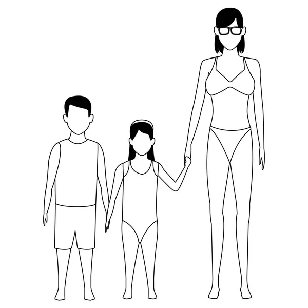 Mujer y niños avatar blanco y negro — Archivo Imágenes Vectoriales