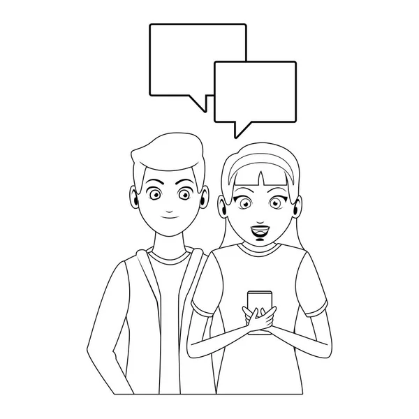 Femme et homme textos avec smartphone — Image vectorielle