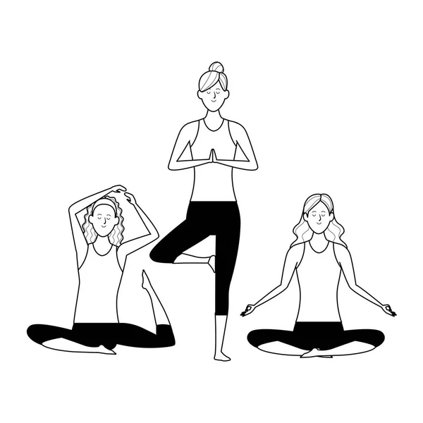 Vrouwen yoga poses zwart en wit — Stockvector