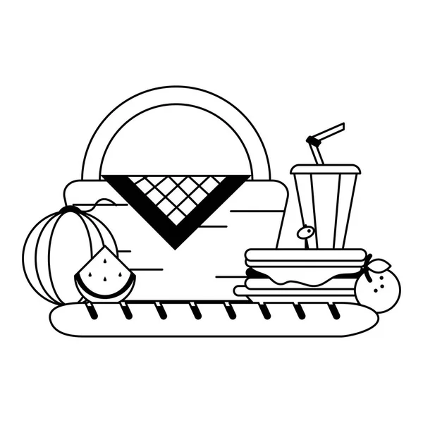Panier pique-nique avec produits alimentaires noir et blanc — Image vectorielle