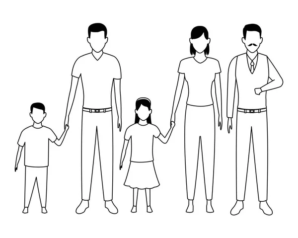 Família avatar personagem cartoon preto e branco — Vetor de Stock