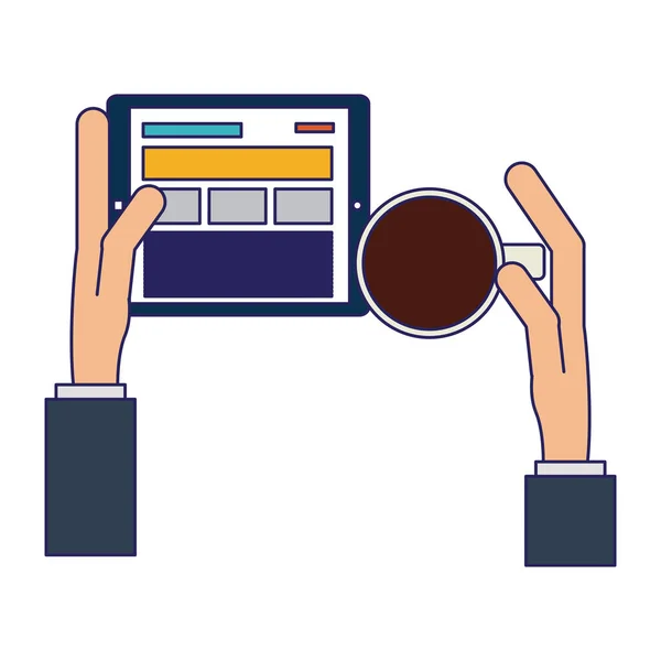 Manos con la tableta y taza de café — Vector de stock