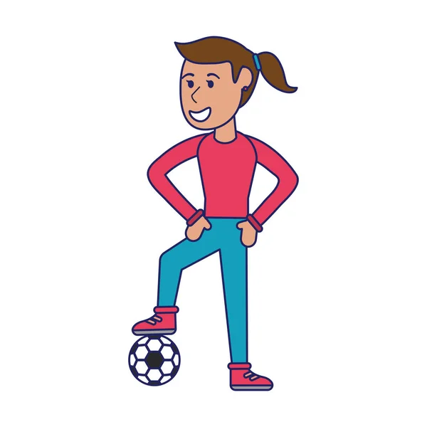Mujer futbolista con pelota líneas azules — Archivo Imágenes Vectoriales