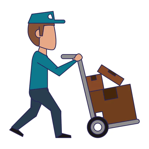 Courier poussant camion à main avec boîtes lignes bleues — Image vectorielle