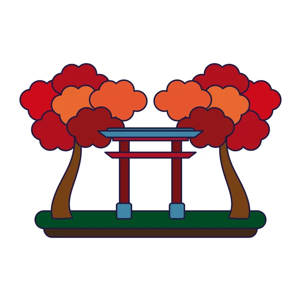 Japanese gate with trees blue lines — Stock Vector