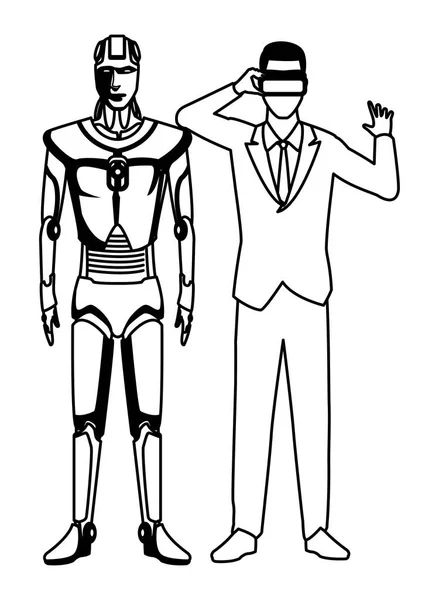 Humanoider Roboter und Geschäftsmann schwarz auf weiß — Stockvektor