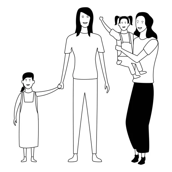 Familj med barn tecknade serier i svart och vitt — Stock vektor
