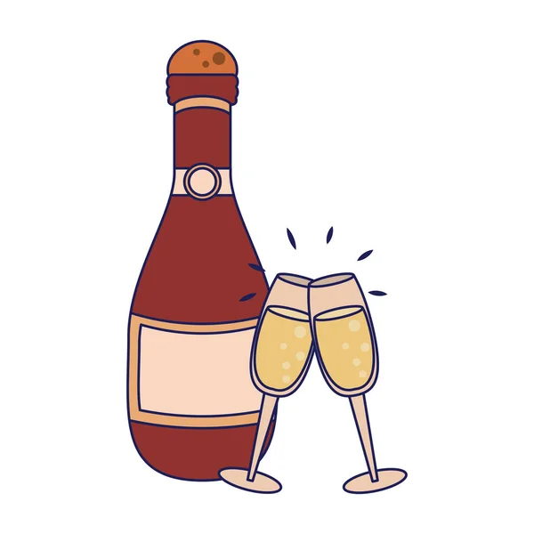 香槟瓶和杯子卡通孤立的蓝线 — 图库矢量图片