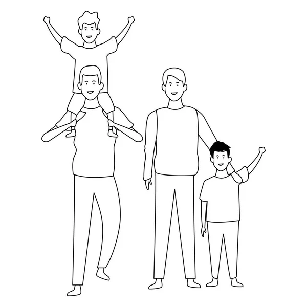 Familia con niños dibujos animados en blanco y negro — Archivo Imágenes Vectoriales