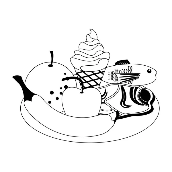 Delicioso desenho animado de comida em preto e branco —  Vetores de Stock