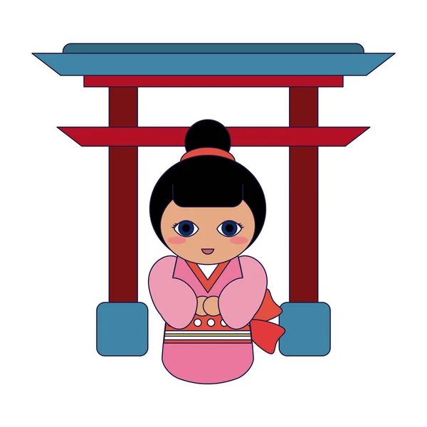 Japońska dziewczyna na łuku symbol niebieskie linie — Wektor stockowy