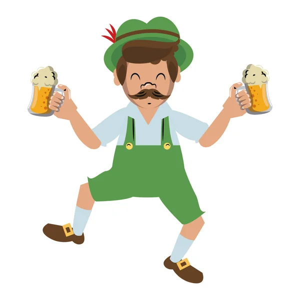 Bavarian man holding beer cups — Stock Vector
