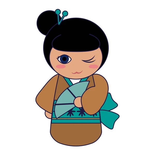 Linda chica japonesa con líneas azules kimono — Vector de stock