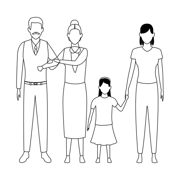 Familie Avatar Cartoon-Figur schwarz und weiß — Stockvektor