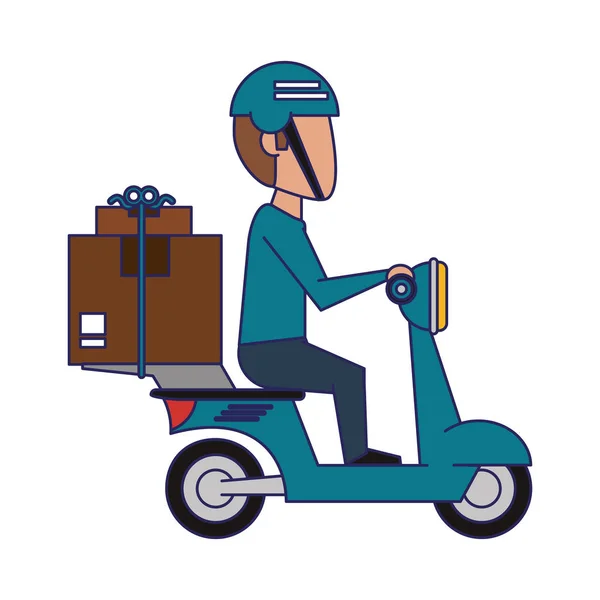 Entrega chico conducción scooter con cajas líneas azules — Vector de stock