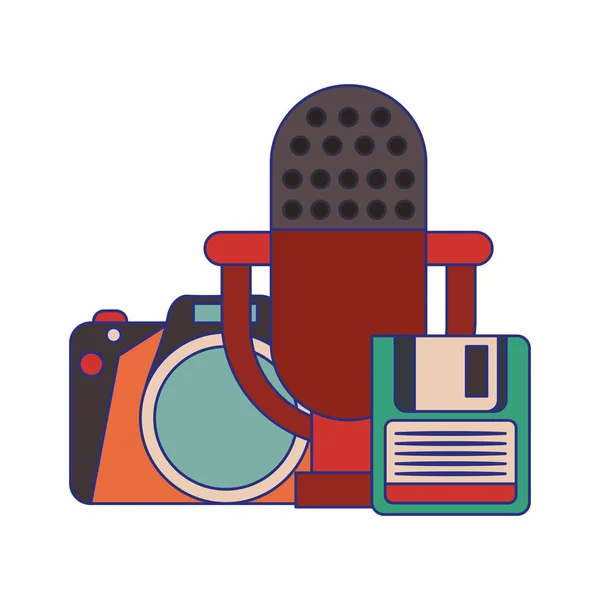 Vintage camera with microphone and cassette blue lines — Stock Vector