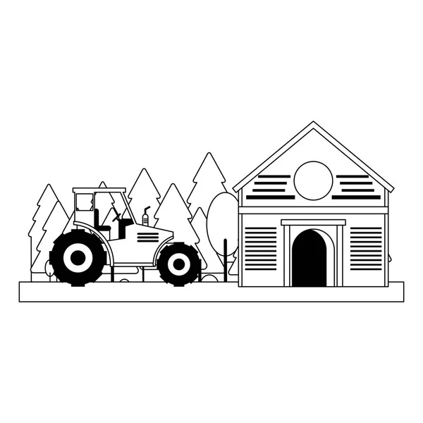 Gårds ladugård och traktor i naturen i svart och vitt — Stock vektor