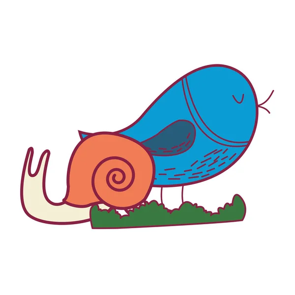 Blauwe vogel en slug dierlijke cartoon — Stockvector