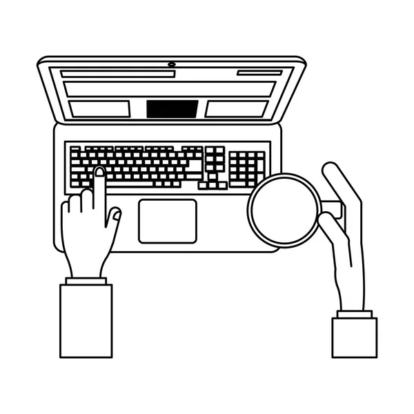 Rąk do pracy na laptopie w czerni i bieli — Wektor stockowy