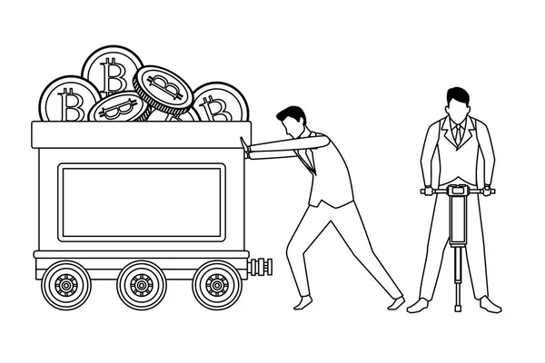 Empresários empurrando carrinho de mineração com criptomoeda preto e branco —  Vetores de Stock