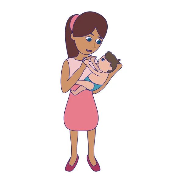 Bebek karikatür mavi çizgiler ile Anne — Stok Vektör