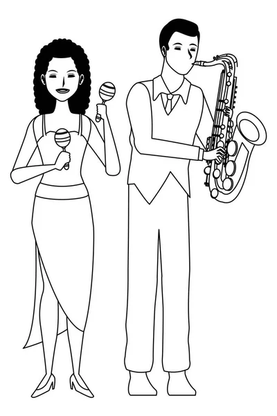 Músico tocando saxofón y maracas en blanco y negro — Vector de stock