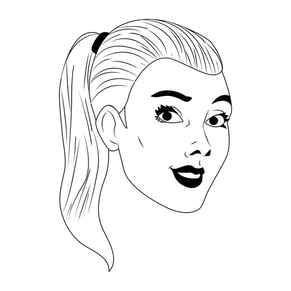 Caricatura de arte pop de cara de mujer en blanco y negro — Vector de stock