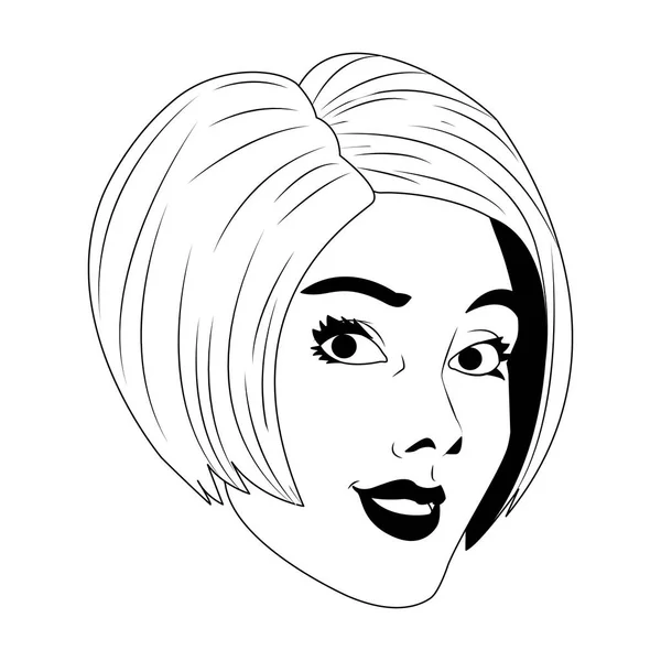 Caricatura de arte pop de cara de mujer en blanco y negro — Vector de stock