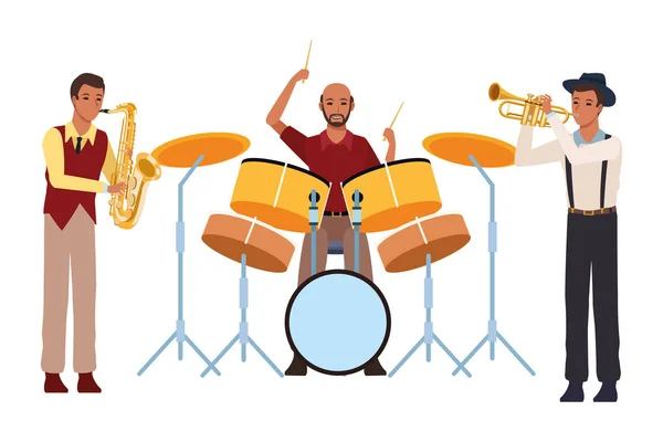 Musiker spielt Saxofon Schlagzeug und Trompete — Stockvektor