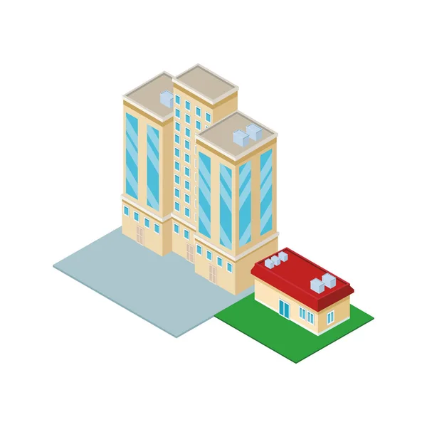 Centro y edificio de la casa isométrica — Vector de stock